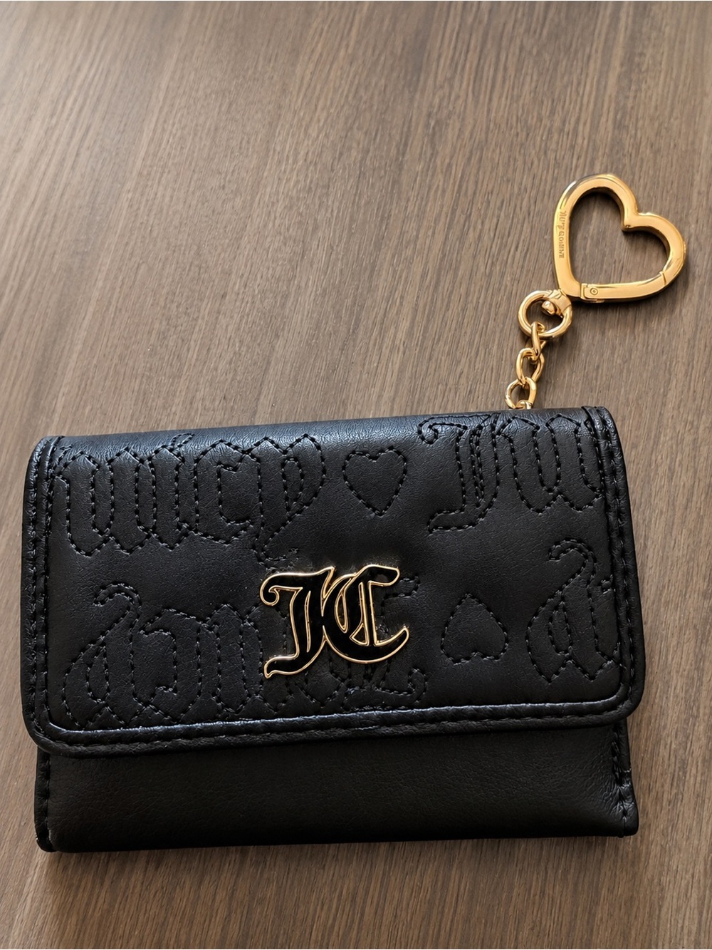 Juicy Couture Black Quilted Card Holder Wallet with Gold Heart Keyring